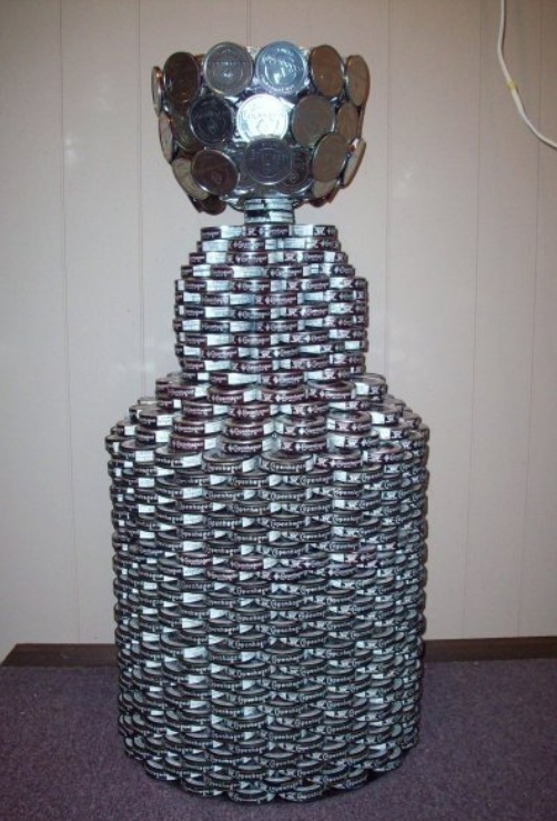 A Stanley cup made out of snuff chewing tobacco tins.