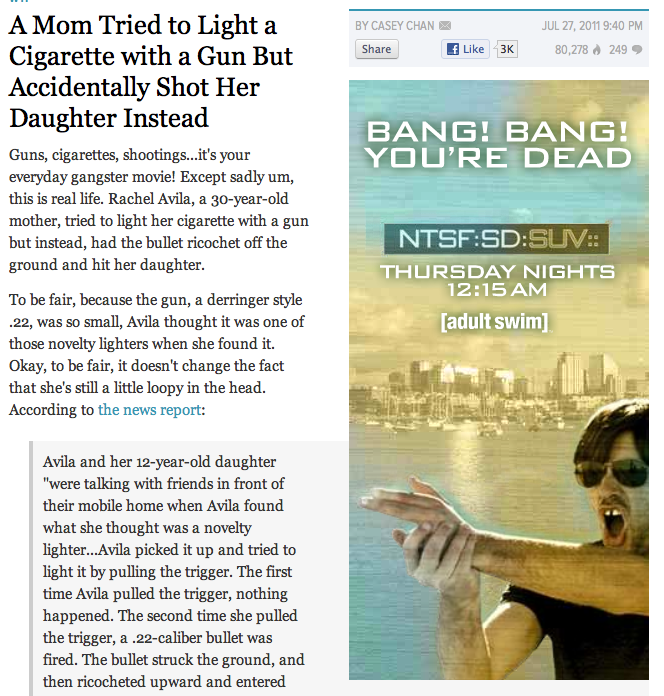 Ad with a guy shouting "bang bang" for some Crime Drama Show - next to news headline about woman accidentally shooting her daughter
