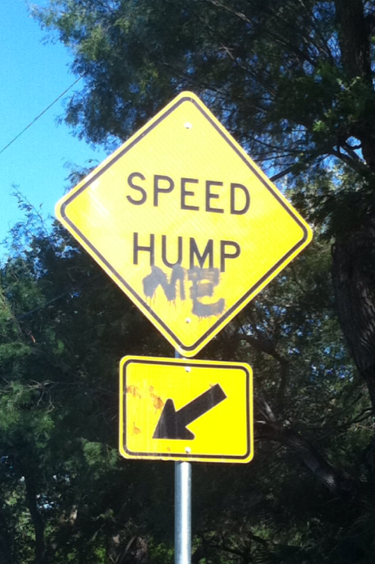 Speed hump sign gets tagged. It's ridiculous