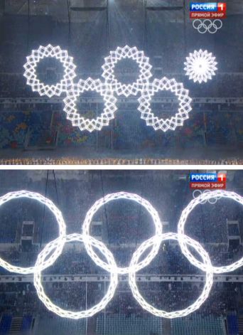 The top is what happened and what the world saw, the bottom what Russian TV showed. As the fifth ring got stuck, Rossiya TV cut away to rehearsal footage. Let's not overlook the tiny little girl was lip- synching because the real singer was not cute enough. Attaboy Putin, you suck.
