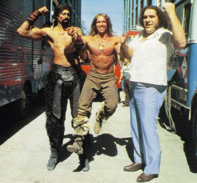 Wilt Chamberlain, Arnold Schwarzenegger, Andre the Giant out for a stroll. Keep in mind Arnie is 6' 2" tall.