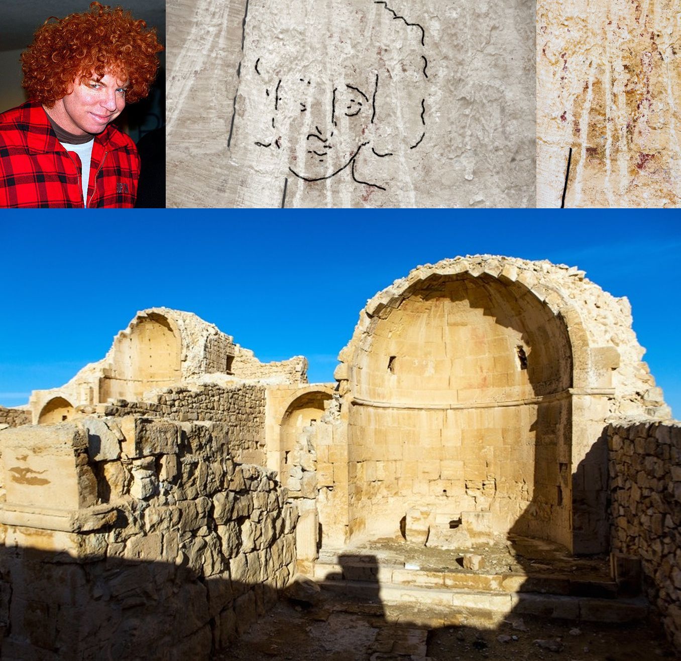 Art historian Dr Emma Maayan-Fanar from the University of Haifa "It was the face of Jesus at his baptism, looking at us." as discovered on the Shivta church ruins. The Luxor is booking one show to see Carrot Top drown as he attempts to walk on water.