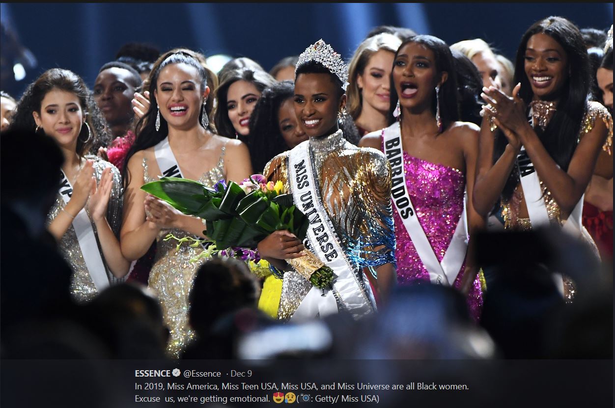 This year 2019 is the first year that the Miss Universe, Miss America, Miss USA and Miss Teen USA winners are all BLACK women. We know earlier pageants were racists because they did not allow minorities and women of color in their pageants. Congratulations to these fine women for making history proud.