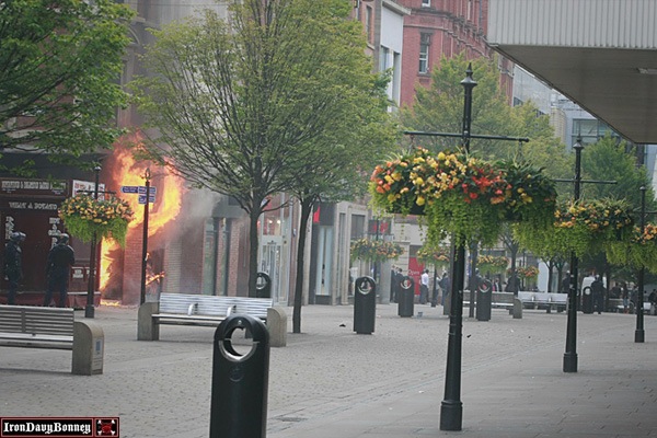 Manchester Copycats - A shop burns on Market Street in Manchester City Centre.