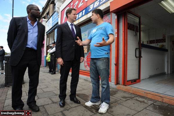 Deputy Prime Minister Nick Clegg Visits Tottenham Following The Rioting - Deputy Prime Minister Nick Clegg meet local residents and business people including Pizza shop owner Mohammed Nabi Ayubi. 