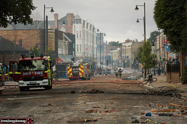 Firetrucks in the Streets - Police and emergency services clean up and contain the scene on Tottenham High Road.