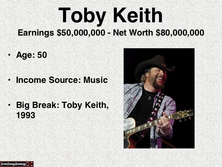 music - Toby Keith Earnings $50,000,000 Net Worth $80,000,000 Age 50 Income Source Music Big Break Toby Keith, 1993 Iron Davy Bonnes