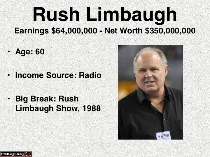 rush limbaugh sandra fluke - Rush Limbaugh Earnings $64,000,000 Net Worth $350,000,000 Age 60 Income Source Radio Big Break Rush Limbaugh Show, 1988 Iron Davy Bonnes