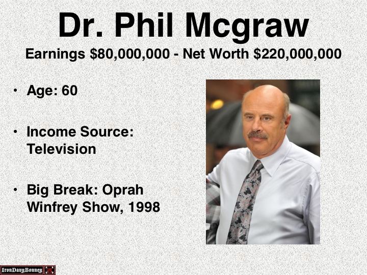 buddha rice - Dr. Phil Mcgraw Earnings $80,000,000 Net Worth $220,000,000 Age 60 Income Source Television Big Break Oprah Winfrey Show, 1998 Iron Davy Bonnes