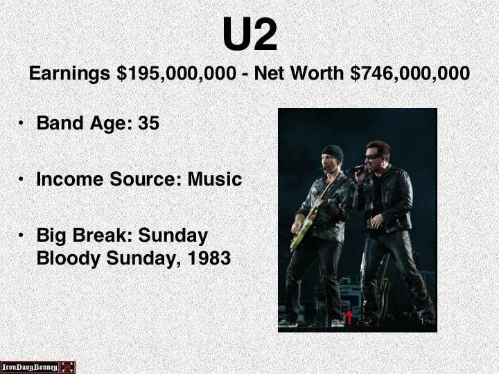 presentation - U2 Earnings $195,000,000 Net Worth $746,000,000 Band Age 35 Income Source Music Big Break Sunday Bloody Sunday, 1983 Iron Davy Bonnes