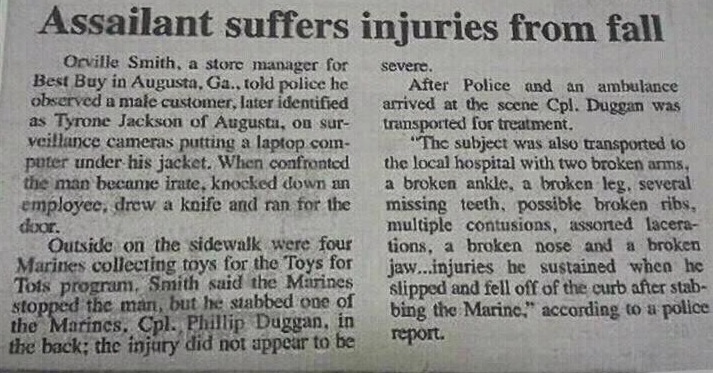 The man didn't fall, he got his ass beaten, read and see how! Very Funny!
