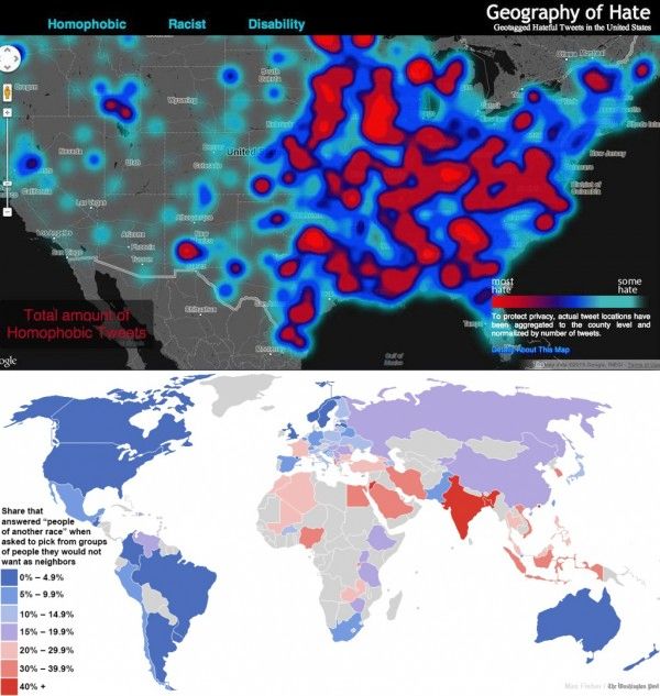 Map Shows Tweet Geotagging With Words of Racism By Originating Local. Surprisingly the US is  tolerant when compared to other countries