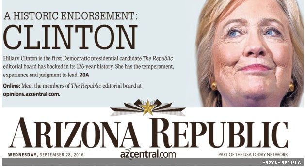 First time in 126 years Republican newspaper - Arizona Republic - endorses Democrat for POTUS. Selects Hillary as "The Only Choice to Move America Ahead." That weird sound in the background sounds like Trumpettes sobbing.
