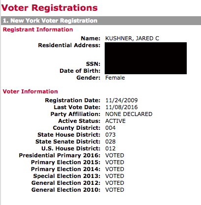 The records held by the New York State Board of Elections show Javanka (Jared Corey Kushner) is registered to vote as a female. Now we know why Drumpf banned transgenders from serving in the military; he can't be drafted (if it's brought back). You silly girl!