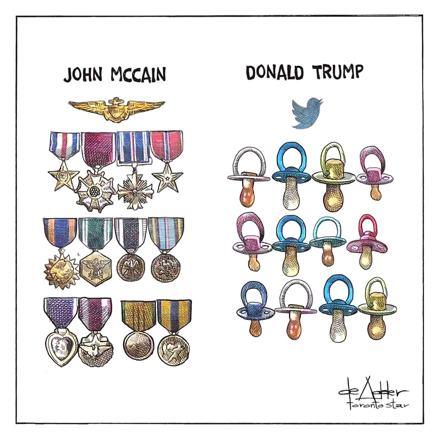 John served in Vietnam while Drumpf served Big Macs to feed his bone spurs. John became a hero while Drumpf became a racist parasite.