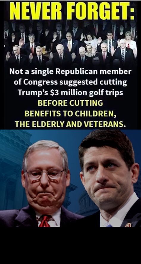 republican trump congress meme - Never Forget Not a single Republican member of Congress suggested cutting Trump's $3 million golf trips Before Cutting Benefits To Children, The Elderly And Veterans.