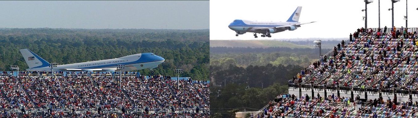 Photo on left is GW Bush plane leaving Daytona Beach in 2004. Photo on right is you know who's plane. Kinda reminds you of his inauguration crowd doesn't it....both fake.