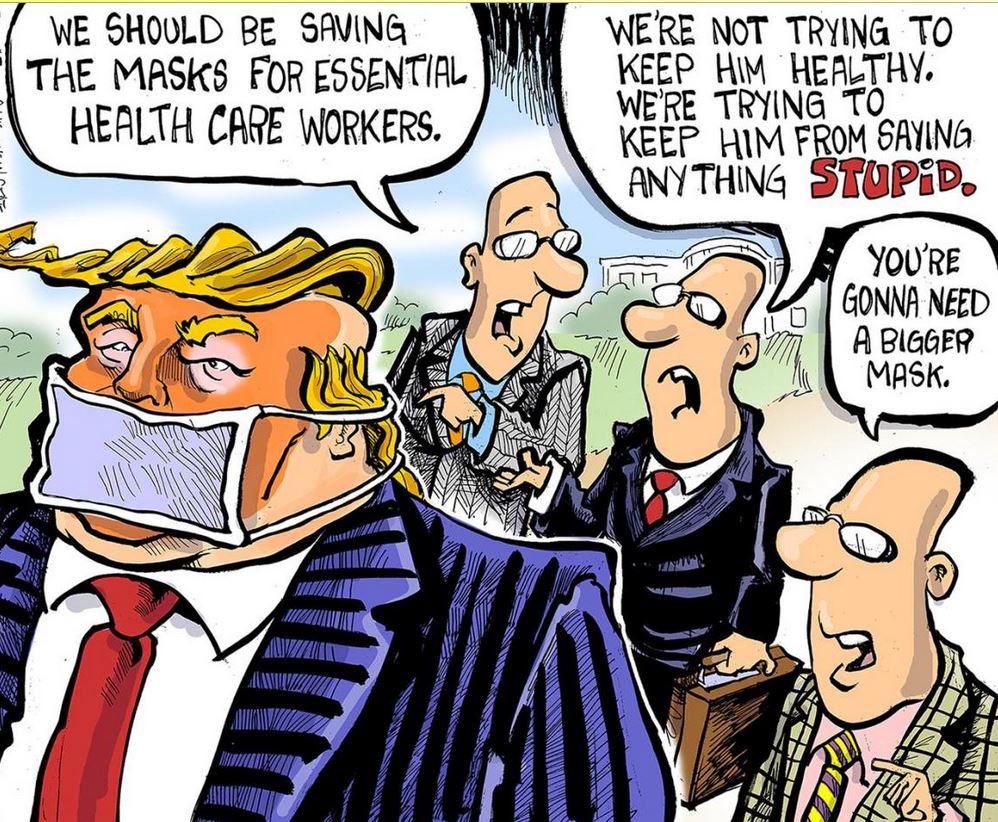 cartoon - We Should Be Saving The Masks For Essential Health Care Workers. We'Re Not Trying To Keep Him Healthy. We'Re Trying To Keep Him From Saying Anything Stupid. rrr You'Re Gonna Need A Bigger Mask. Www Uwait Sa