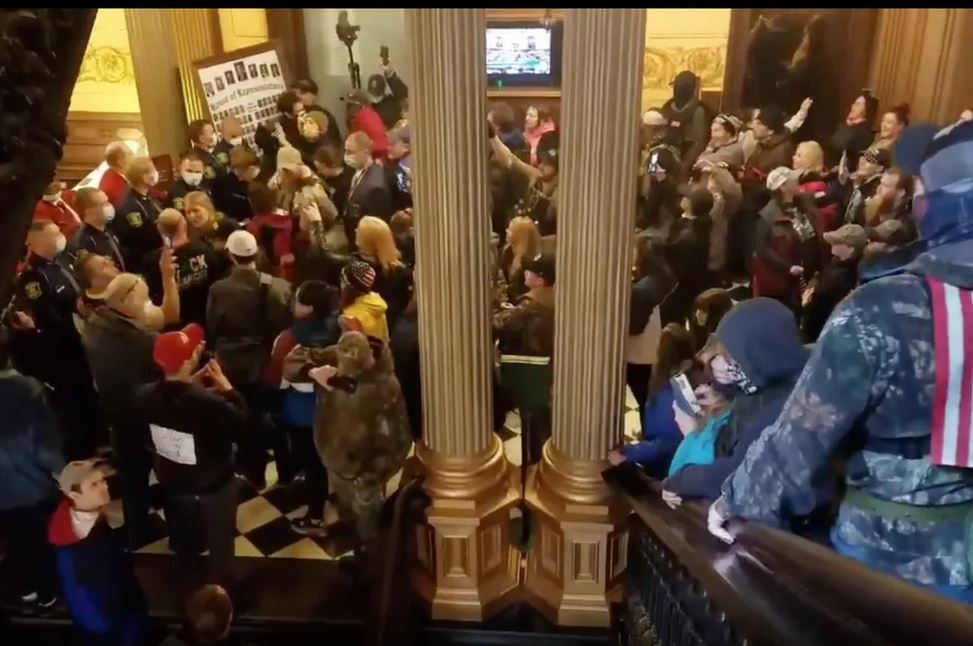 Armed Drumpf supporting babies turned up at the capitol because that's what white guys do when they aren't afraid of their asses getting shot. The Michigan Liberty Militia, an extreme anti-government group joined them as "security detail." If BLM did this cops would launch tear gas, call it a riot and shut it down.