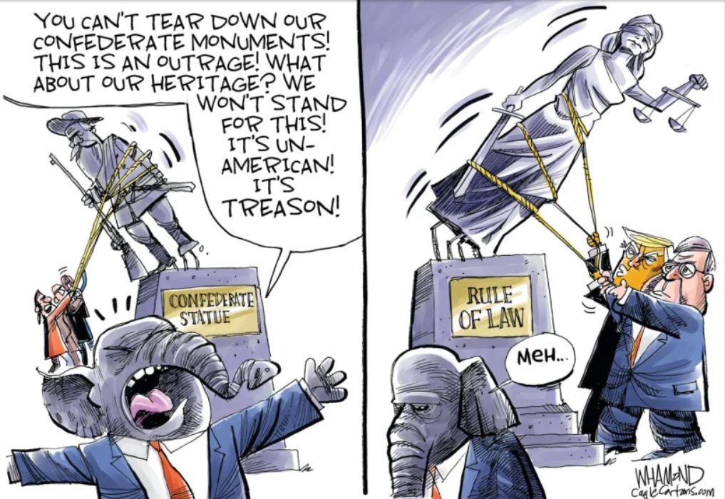 cartoon - You Can'T Tear Down Our Confederate Monuments! This Is An Outrage! What About Our Heritage? We Won'T Stand For This! It'S Un American! It'S Treason! Confederated Statue Rule Of Law ... Wanand cale cartars.com