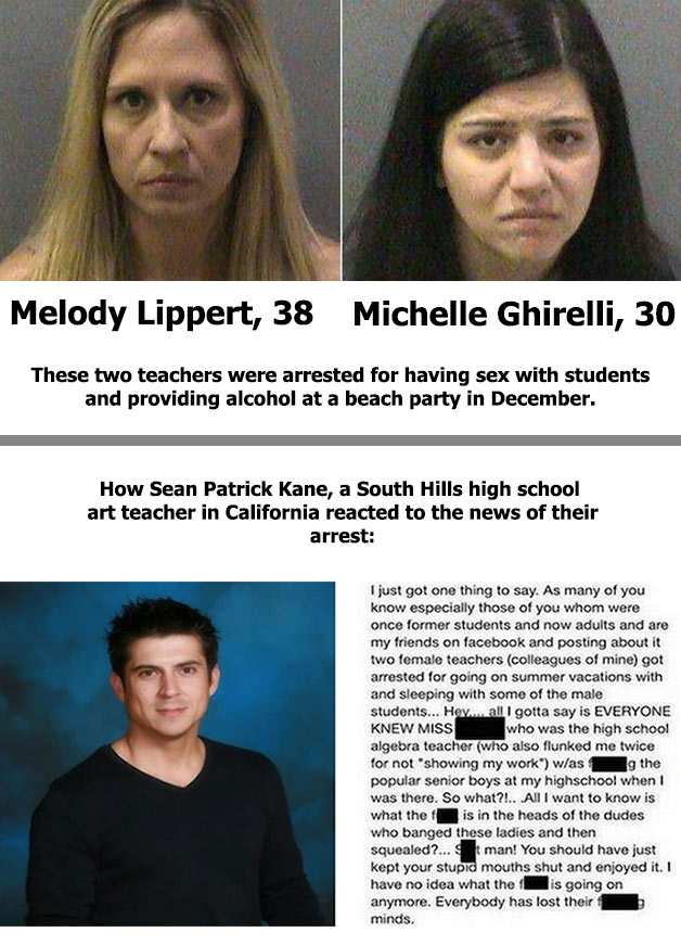 A teachers reaction to the arrests of two female coworkers / teachers accused of having sex with students.