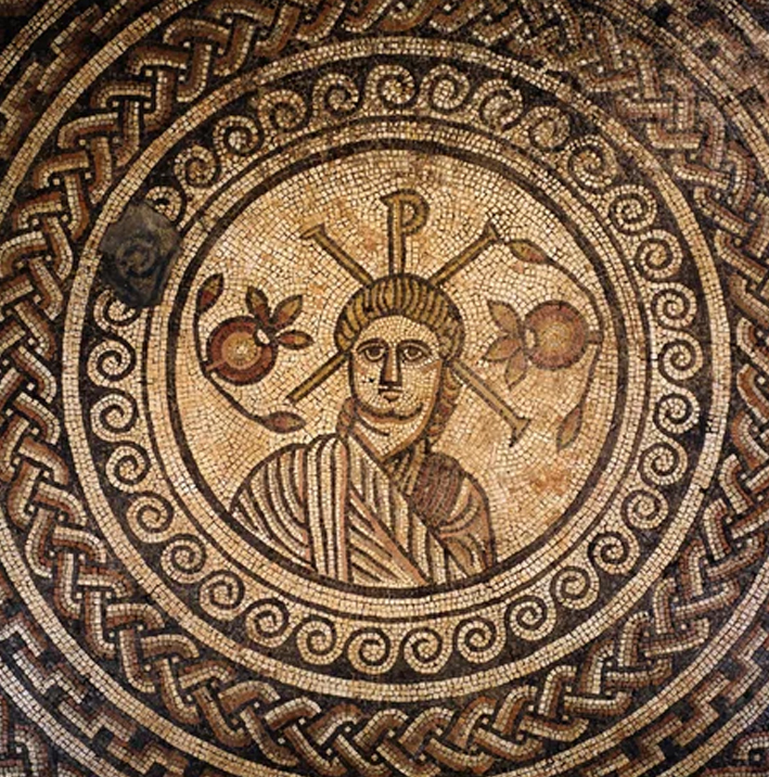 Roundel from a Roman villa, St Mary, Dorset, 4th century AD with a mosaic representing Christ.