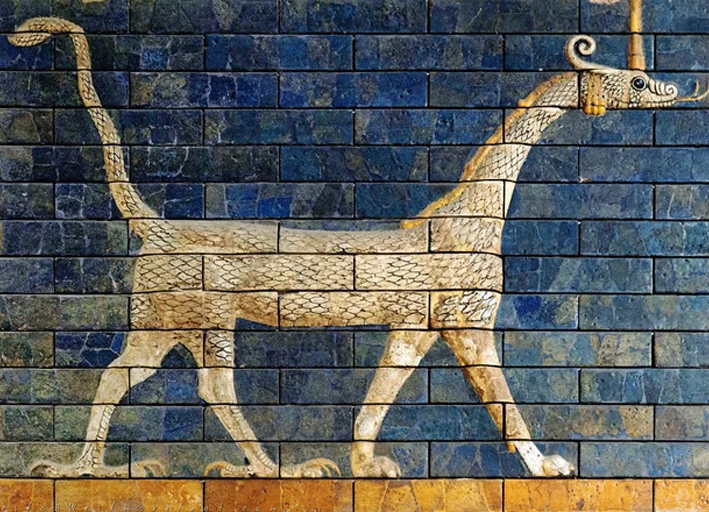 Ishtar Gate Dragon, c.570 BC. Babylon. The Neo-Babylonian Empire reached its peak during the reign of Nebuchadnezzar II. During his reign, Babylon became a city of splendor. As the stone was hard to come by, buildings were erected from molded colorfully glazed bricks.