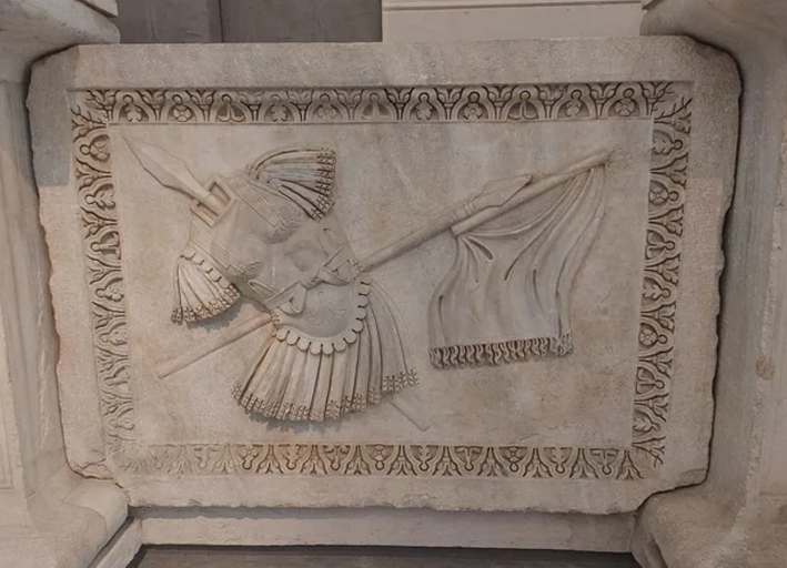 Roman relief showing tropaion. The tropaion was a form of military monument, erected by the Greeks and Romans in honor of the victory in battle.