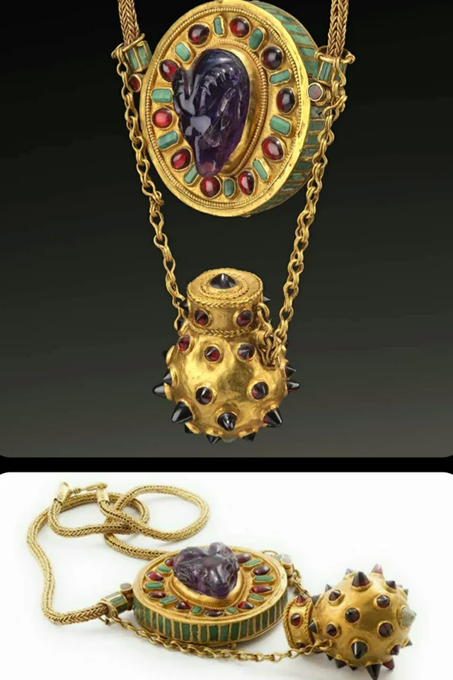 Ancient Necklace from Georgia (South Caucasus), c. 100-200 CE: this piece includes an amulet case with a central relief of a ram's head carved in amethyst, a garnet-studded perfume vial, and a thick chain woven out of gold.