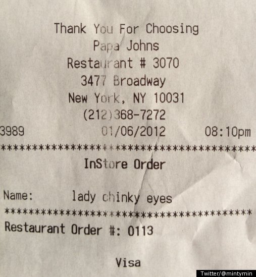 
Papa John's customer Minhee Cho tweeted a photo of a receipt she received at a Papa John's restaurant in uptown, New York City. 