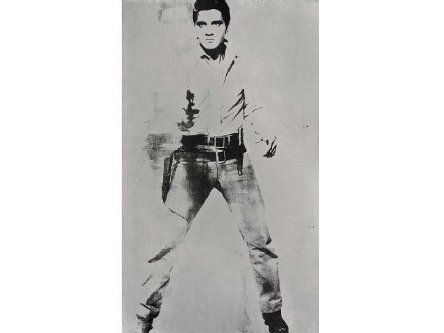 The piece (silkscreen ink and spray paint on canvas) shows Elvis Presley in a gunslinger pose.