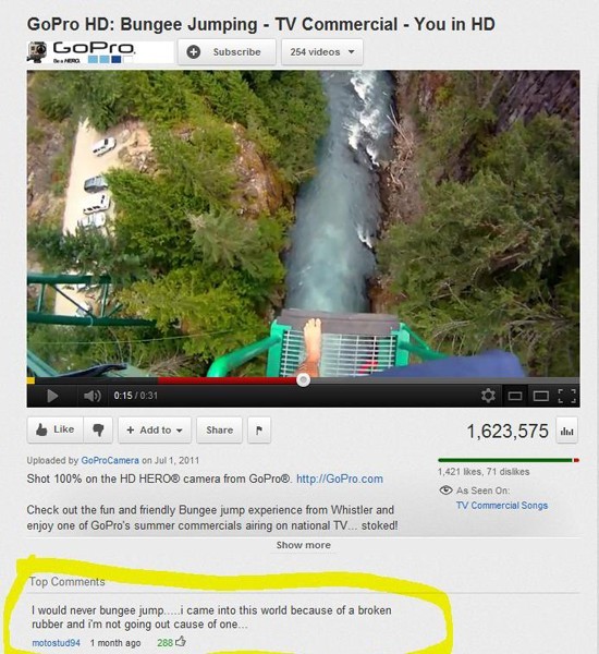 world's best youtube comment - GoPro Hd Bungee Jumping Tv Commercial You in Hd GoPro Subscribe 254 videos Add to 1,623,575 Uploaded by GoProCamera on Shot 100% on the Hd Hero camera from GoPro. 1,421 , 71 dis As Seen On Tv Commercial Songs Check out the f