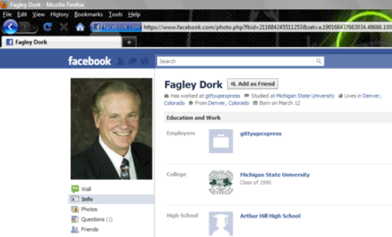 funny name worst on facebook - Fagley Dork Mozilla Firefox Eile Edit View History Bookmarks Tools Help W C facebook.comttps 211684245511253&seta.190166437663034.48666.100 Fagley Dork facebook Search Fagley Dork Add as friend Has worked at express Studied 