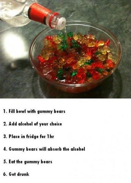 gummy bears liquor - 1. Fill bowl with gummy bears 2. Add alcohol of your choice 3. Place in fridge for 1hr 4. Gummy bears will absorb the alcohol 5. Eat the gummy bears 6. Get drunk