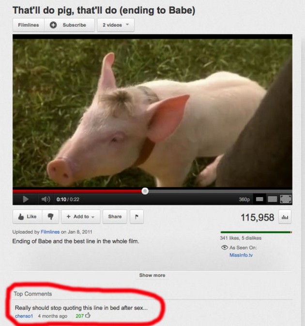 youtube comment babe the pig - That'll do pig, that'll do ending to Babe Filmlines Subscribe 2 videos 360p Add to 115,958 Uploaded by Filmlines on Ending of Babe and the best line in the whole film. 341 , 5 disikes As Seen On Missinfo.tv Show more Top Rea