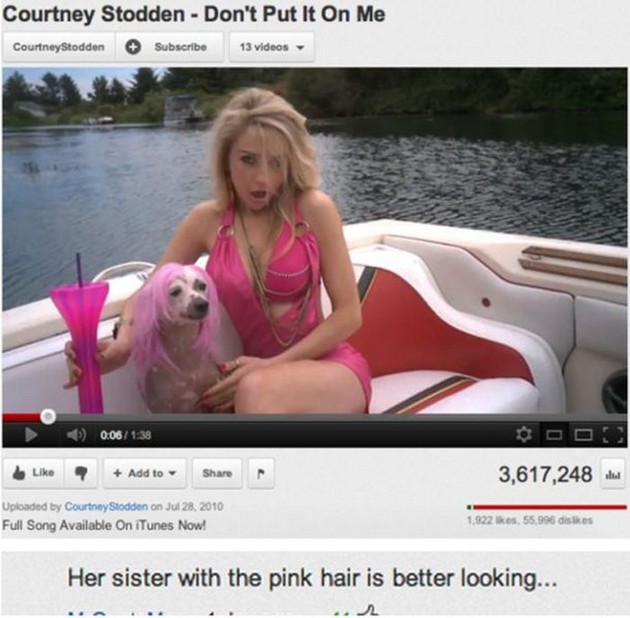 youtube comment photo caption - Courtney Stodden Don't Put It On Me Courtney Stodden Subscribe 13 videos Add to 3,617,248 lud Uploaded by Courtney Stodden on Full Song Available on iTunes Now! 1,922 kes, 55,996 dis Her sister with the pink hair is better 