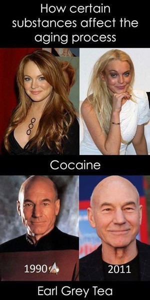 patrick stewart meme - How certain substances affect the aging process 000 Cocaine 1990 2011 Earl Grey Tea