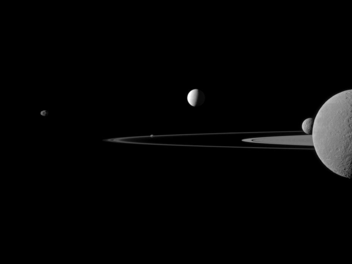 A quintet of Saturn's moons come together in the Cassini spacecraft's field of view for this portrait.