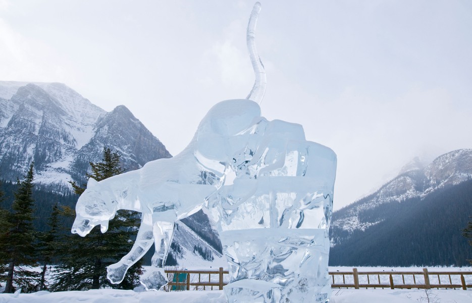 An ice sculpture of a panther at the Ice Magic Festival at The Fairmont Chateau Lake Louise in Banff National Park, Canada.