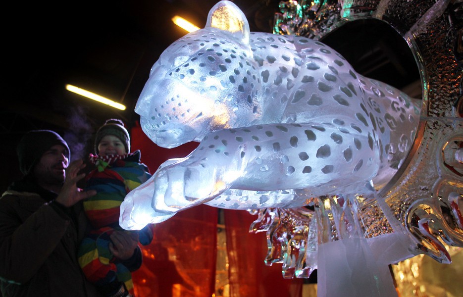 A visitor looks at an ice sculpture of a leopard jumping through a ring at an exhibition of ice sculptures in Roevershagen, eastern Germany