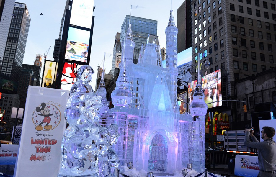 Disney Parks unveiled a 25-foot-tall, 45,000-pound castle made of ice in Times Square on Oct. 17, 2012, in New York City.