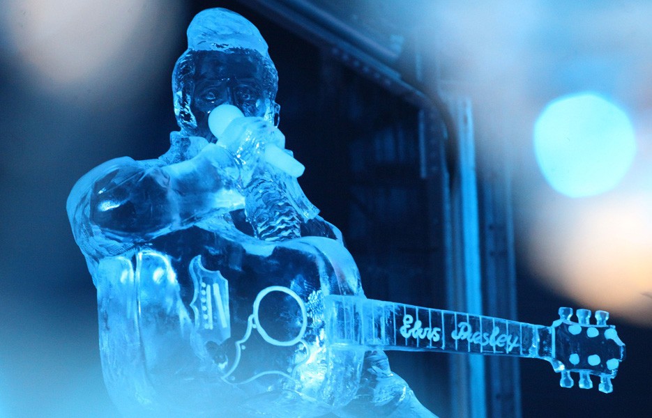 An ice sculpture depicting Elvis Presley is displayed at the Ice Sculpture Festival in Bruges, Belgium.