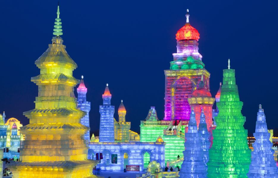 Ice sculpture at the Harbin International Ice and Snow Sculpture Festival in Harbin, China.