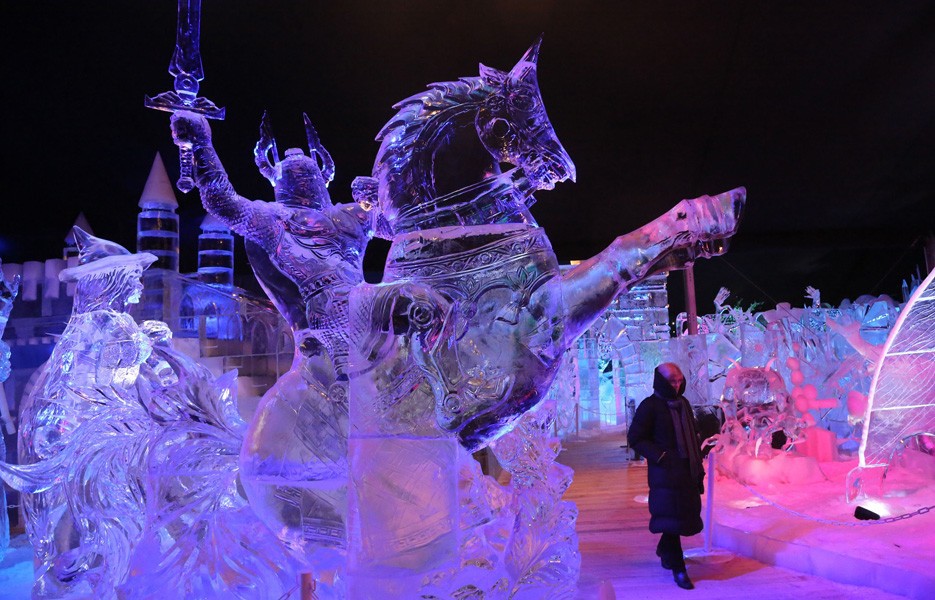 Ice Sculptures are displayed at the Snow and Ice Sculpture Festival in Bruges, Belgium