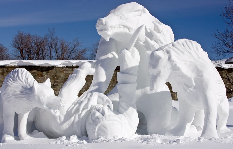 The Team Canada contribution to the 2008 International winter sculpture contest of the Quebec Winter Carnival, called Loup Garou werewolf.