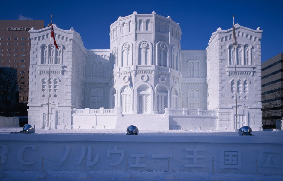 A sculpture of a building at the Sapporo Snow Festival in Sapporo, Hokkaido, Japan.
