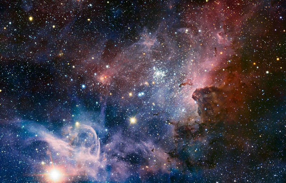Carina Nebula. This cloud of glowing gas is about 7,500 light years from Earth and includes several of the brightest and heaviest stars known.