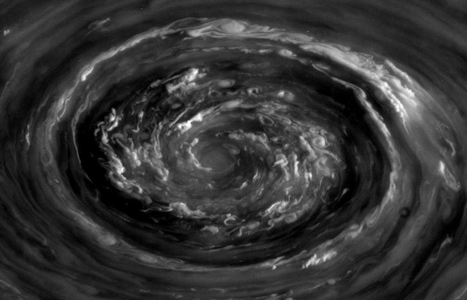 This image of a cyclone over Saturn from NASA's Cassini mission was taken on Nov. 27 with Cassini's narrow-angle camera. The camera was pointing toward Saturn from approximately 224,618 miles away.