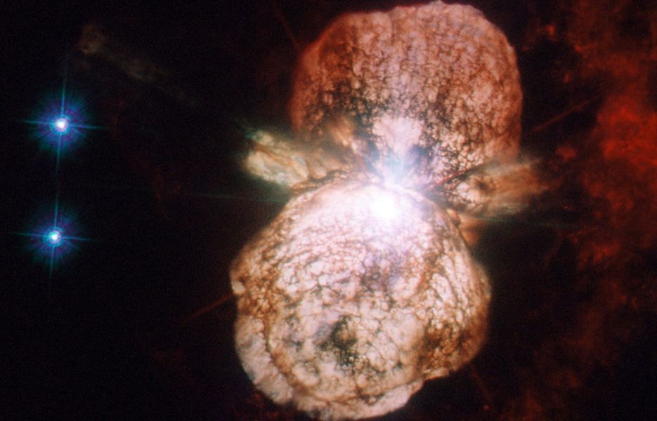 NASA's Hubble Telescope captured this image of Eta Carinae, a binary star system. In 1843, Eta Carinae was the second-brightest star in the night sky, but by the 20th century, it was invisible to the naked eye