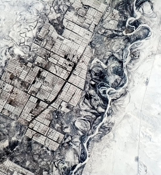 "Humans need straight lines, nature doesn't. Indecisive river and orderly farmers, central Asia."